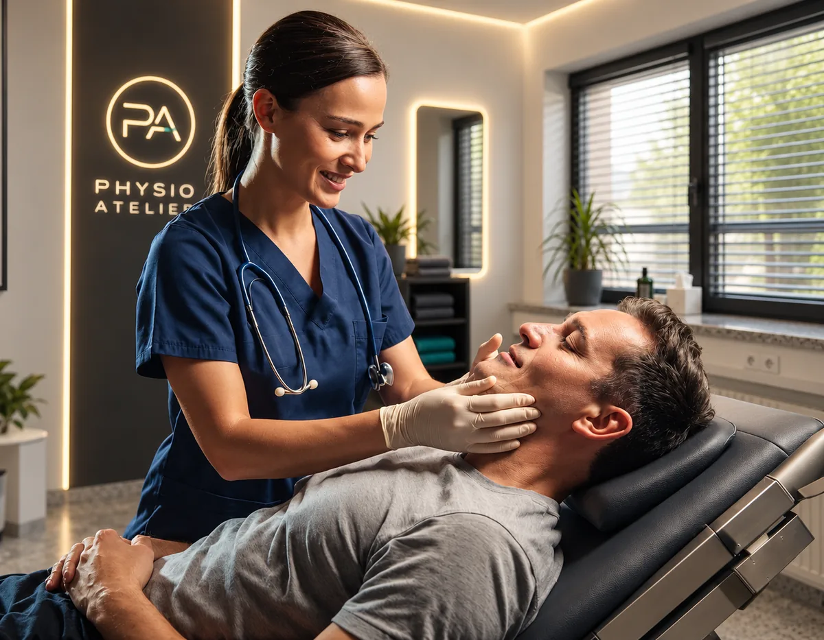 Physiotherapeutin behandelt den Kiefer eines liegenden Patienten